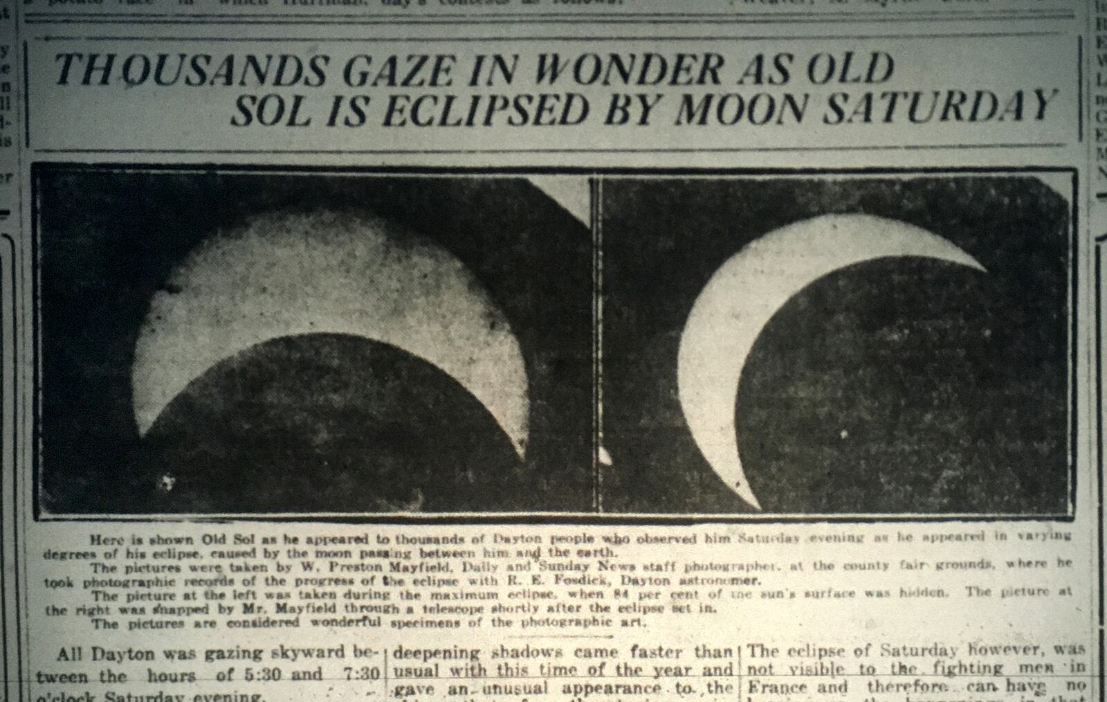 The 1918 solar eclipse was covered in the pages of the Dayton Daily News. DAYTON DAILY NEWS ARCHIVE