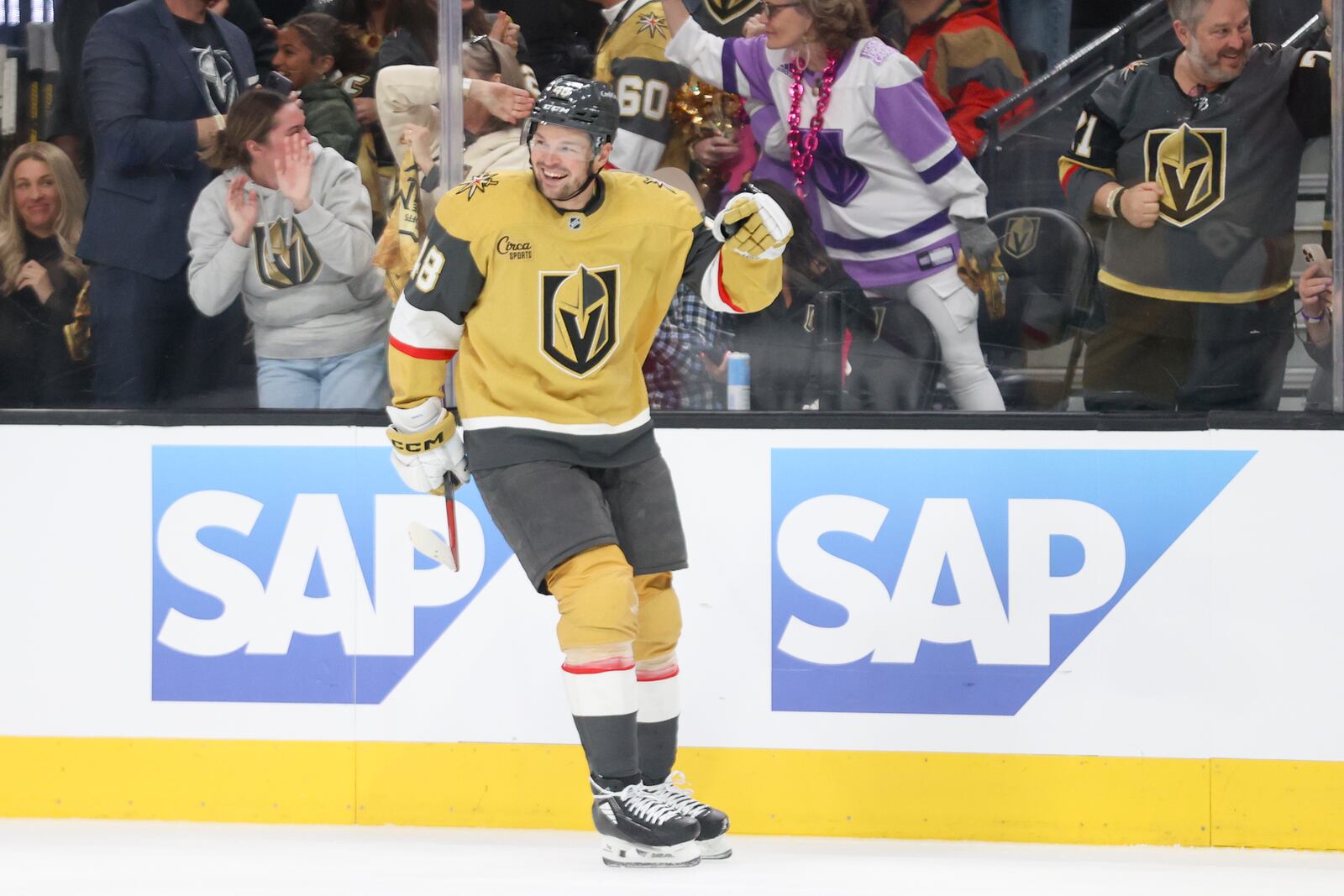 Vegas Golden Knights center Tomas Hertl (48) celebrates after scoring a goal during the first period in Game 1 of an NHL hockey Stanley Cup first-round playoff series against the Minnesota Wild Sunday, April 20, 2025, in Las Vegas. (AP Photo/Ian Maule)