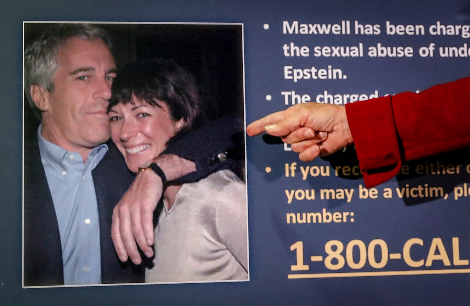 FILE - Audrey Strauss, acting U.S. attorney for the Southern District of New York, points to a photo of Jeffrey Epstein and Ghislaine Maxwell, during a news conference in New York on July 2, 2020. (AP Photo/John Minchillo, File)