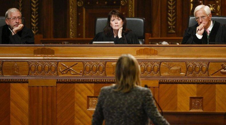 From left, Ohio Supreme Court Justices Patrick F. Fisher, Judith L. French and Terrence O’Donnell listen to attorney B. Jessie Hill in a case in 2017. THE COLUMBUS DISPATCH