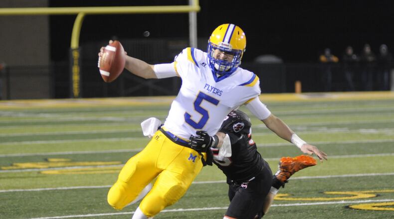 Marion Local QB Nathan Bruns had three TD passes in the first quarter and ran for another TD. Marion Local defeated Coldwater 40-19 in a D-VI, Region 24 high school football final at Sidney on Friday, Nov. 16, 2018. MARC PENDLETON / STAFF