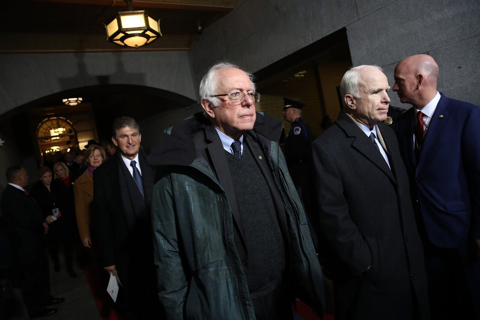 Sen. Bernie Sanders (D-VT) (L) and Sen. John McCain (R-AZ) arrive arrive on the West Front of the U.S. Capitol on January 20, 2017 in Washington, D.C. Sanders has vowed to introduce legislation to allow Medicare to negotiate directly with pharmaceutical companies in an effort to lower prices. (Photo by Win McNamee/Getty Images)