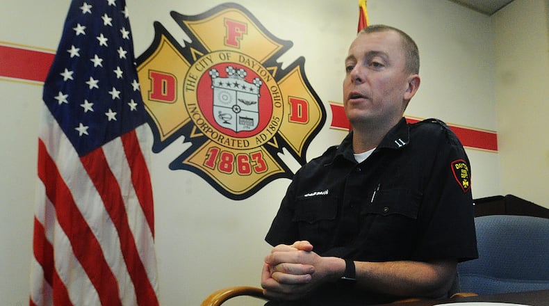 Dayton Fire Captain Brad French talks Thursday Oct. 27, 2022 about the importance of having a working Carbon Monoxide Detector in your home. MARSHALL GORBY\STAFF