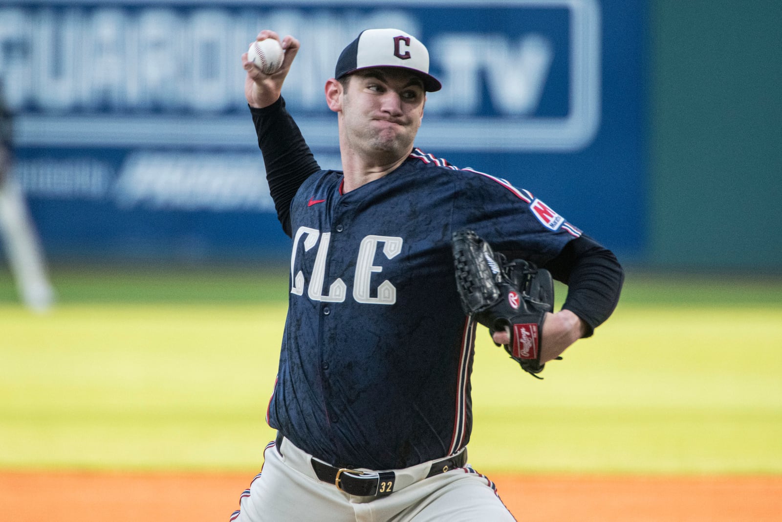 Cleveland Guardians starting pitcher Gavin Williams delivers against the Philadelphia Phillies during the first inning of a baseball game Friday, May 9, 2025, in Cleveland. (AP Photo/Phil Long)