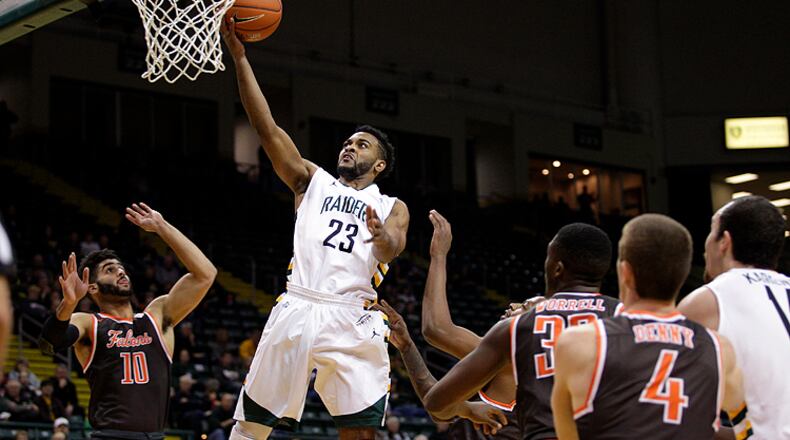 Wright State’s Mark Alstork lays one in during Sunday’s game vs. Bowling Green at the Nutter Center. Tim Zechar/CONTRIBUTED PHOTO
