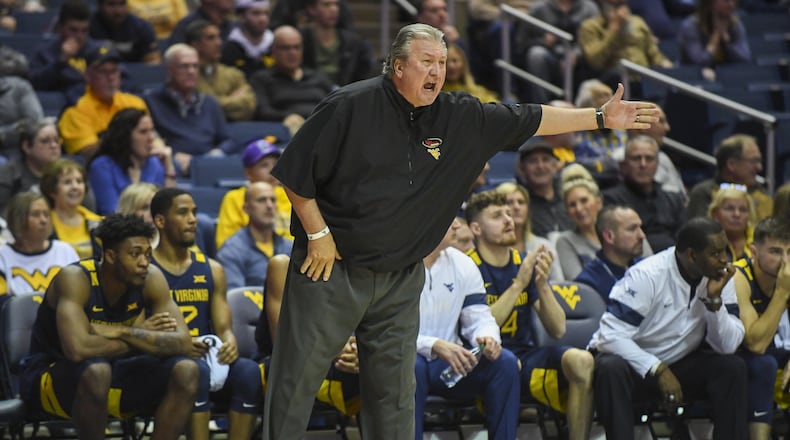 West Virginia head coach Bob Huggins argues a call during action Friday, Nov. 1, 2019 against Duquesne at the WVU Coliseum. Dale Sparks/All-Pro Photography