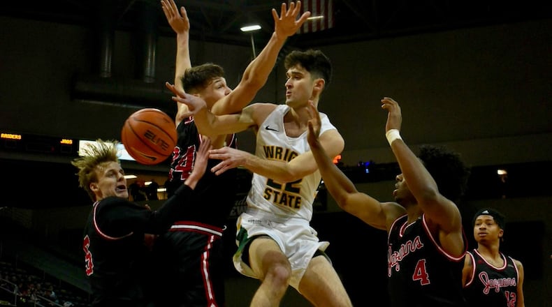 Wright State's Andrew Welage makes a pass vs. IUPUI at the Nutter Center on Jan. 8, 2022. The Raiders routed the Jaguars on the road Thursday night. Jessica Roberts/Wright State Athletics