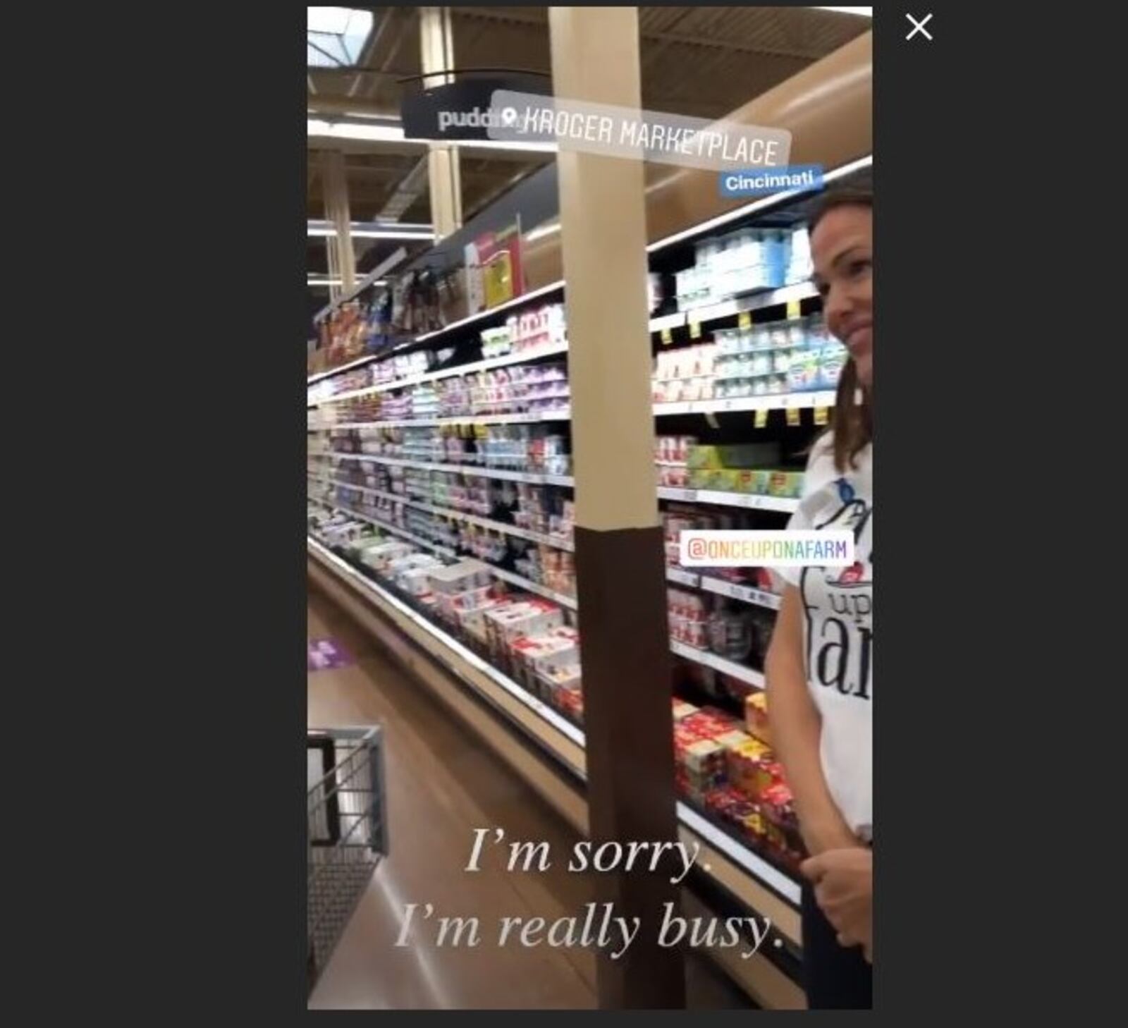 Actress Jennifer Garner posted an Instagram story Aug. 30, 2018 of her attempts to give Once Upon a Farm baby food way at a Kroger Marketplace in the Cincinnati area.