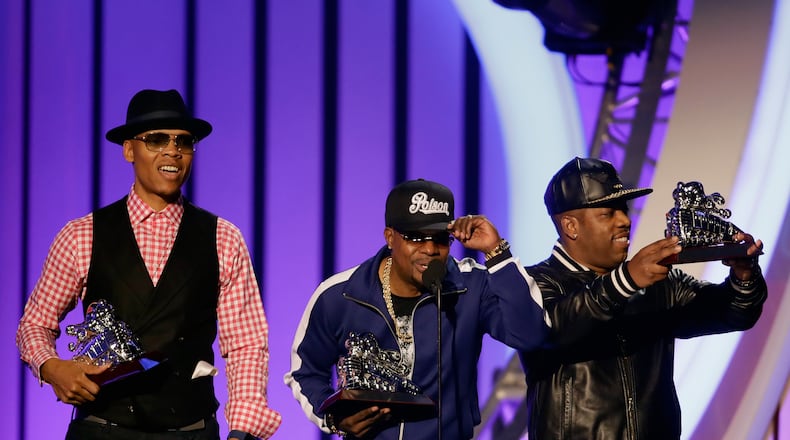 LAS VEGAS, NV - NOVEMBER 05: (L-R) Ronnie DeVoe, Ricky Bell, and Michael Bivins of Bell Biv DeVoe accept the Soul Train Certified Award onstage at the 2017 Soul Train Awards, presented by BET, at the Orleans Arena on November 5, 2017 in Las Vegas, Nevada. (Photo by Isaac Brekken/Getty Images for BET)