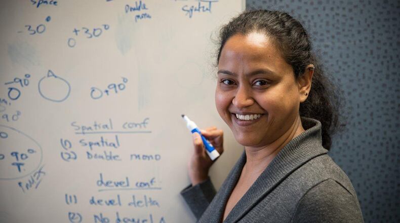 Nandini Iyer, a research audiologist in the 711th Human Performance Wing, has worked in the wing for 13 years. She completed her bachelor’s and master’s degrees in India and then her doctorate at The Ohio State University. (U.S. Air Force photo/Richard Eldridge)