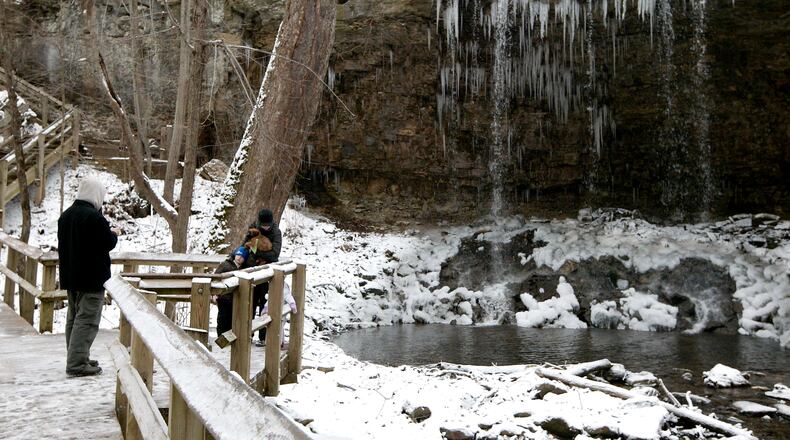 Charleston Falls on Ross Road in Miami County offers many attractive features for winter walks and photo expeditions.