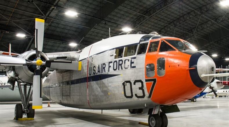 Fairchild C-119J Flying Boxcar is on display in the Space Gallery at the National Museum of the United States Air Force. (U.S. Air Force photo by Ken LaRock)