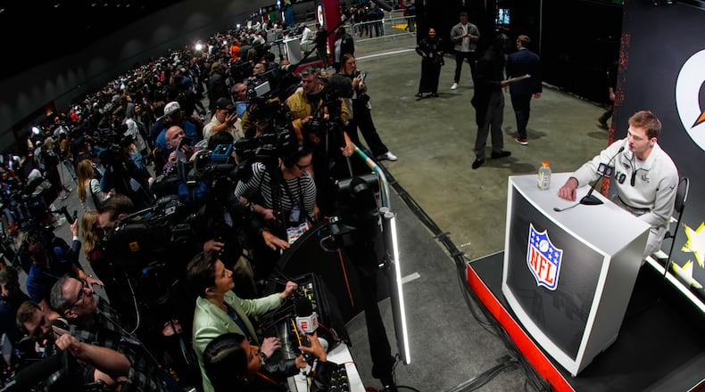 New England Patriots quarterback Drake Maye speaks during the NFL Super Bowl Opening Night, Monday, Feb. 2, 2026, in San Jose, Calif., ahead of the Super Bowl 60 football game between the Seattle Seahawks and the New England Patriots. (AP Photo/Charlie Riedel)