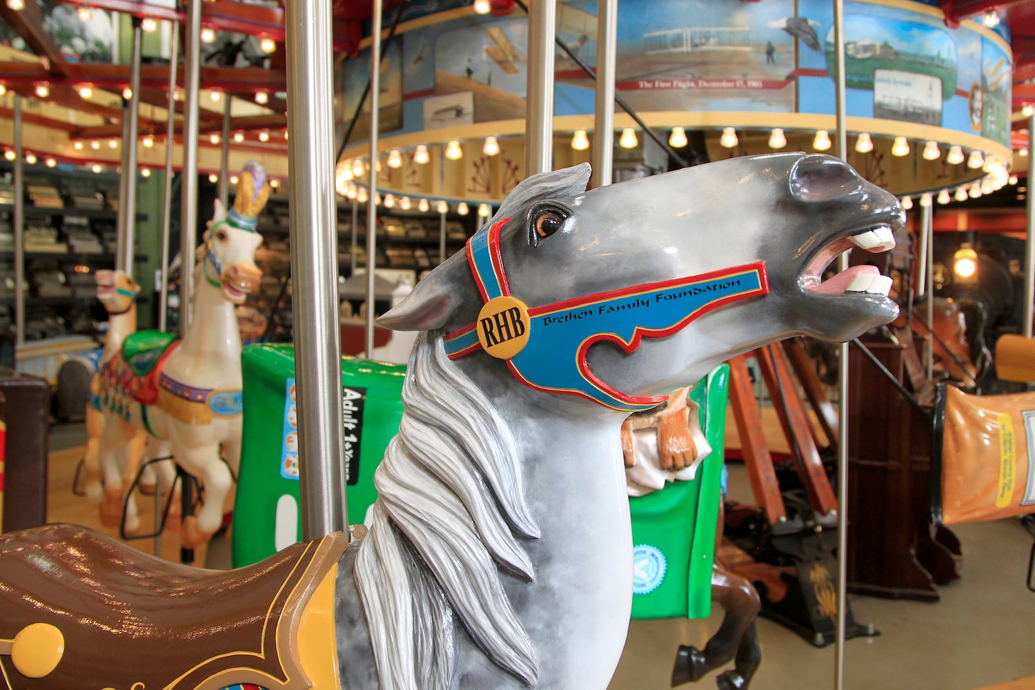 The Carousel of Dayton Innovation, at Carillon Historical Park, is a whimsical ride made of 32 hand-carved figures from the Gem City’s history.