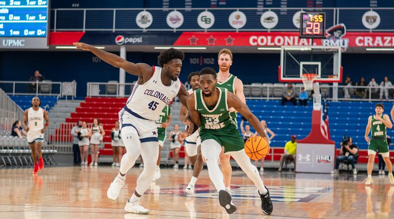 Wright State's Jack Doumbia drives against Ismael Plet of Robert Morris during a game in Pittsburgh on Jan. 12, 2025. Wright State Athletics photo