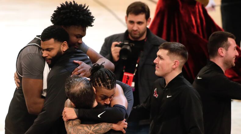Saint Joseph's coach Billy Lange celebrates a victory against Richmond in the quarterfinals of the Atlantic 10 Conference tournament on Thursday, March 14, 2024, at the Barclays Center in Brooklyn, N.Y. David Jablonski/Staff