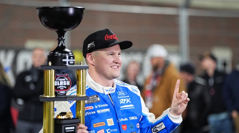 Ryan Preece celebrates in Victory Lane after winning NASCAR's The Clash preseason auto race, Wednesday, Feb. 4, 2026, in Winston-Salem, N.C. (AP Photo/Matt Kelley)
