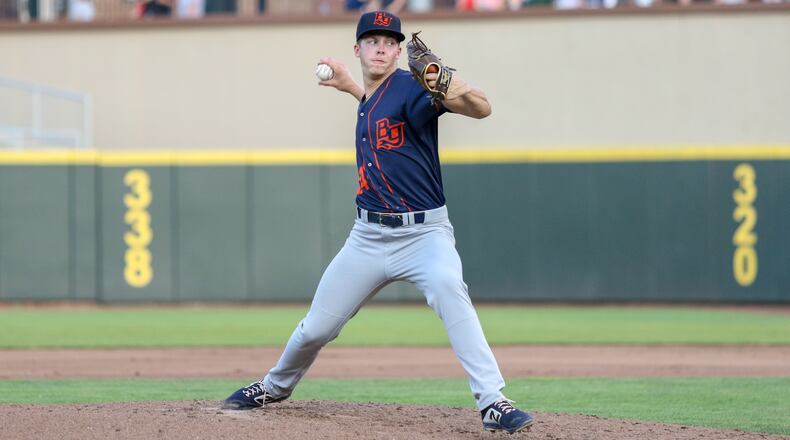 Bowling Green Hot Rods pitcher Caleb Sampen pitches during their game against the Bowling Green Hot Rods on Tuesday night at Fifth Third Field. The Wright State University product tossed seven scoreless innings as Bowling Green won 3-0. CONTRIBUTED PHOTO BY MICHAEL COOPER