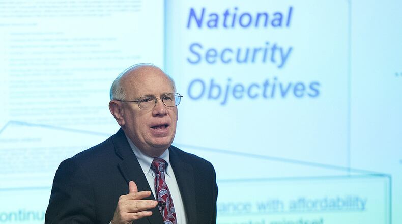 Richard Lombardi, deputy under secretary of the Air Force Management and deputy chief management officer, delivers the keynote speech for the Air Force Installation Contracting Agency Enterprise Sourcing Summit on Wright-Patterson Air Force Base July 17. The summit brought together AFICA sourcing personnel to provide training and to exchange ideas and best practices with the aim of lowering costs and improving mission support. (U.S. Air Force photo/R.J. Oriez)