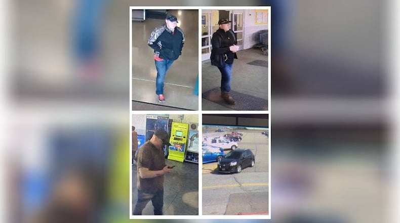 Police say these photos of a man and a vehicle from a recent shoplifting at Walmart in Fairfield Twp. may be connected to the theft of a rifle from Cabela’s in West Chester Twp.