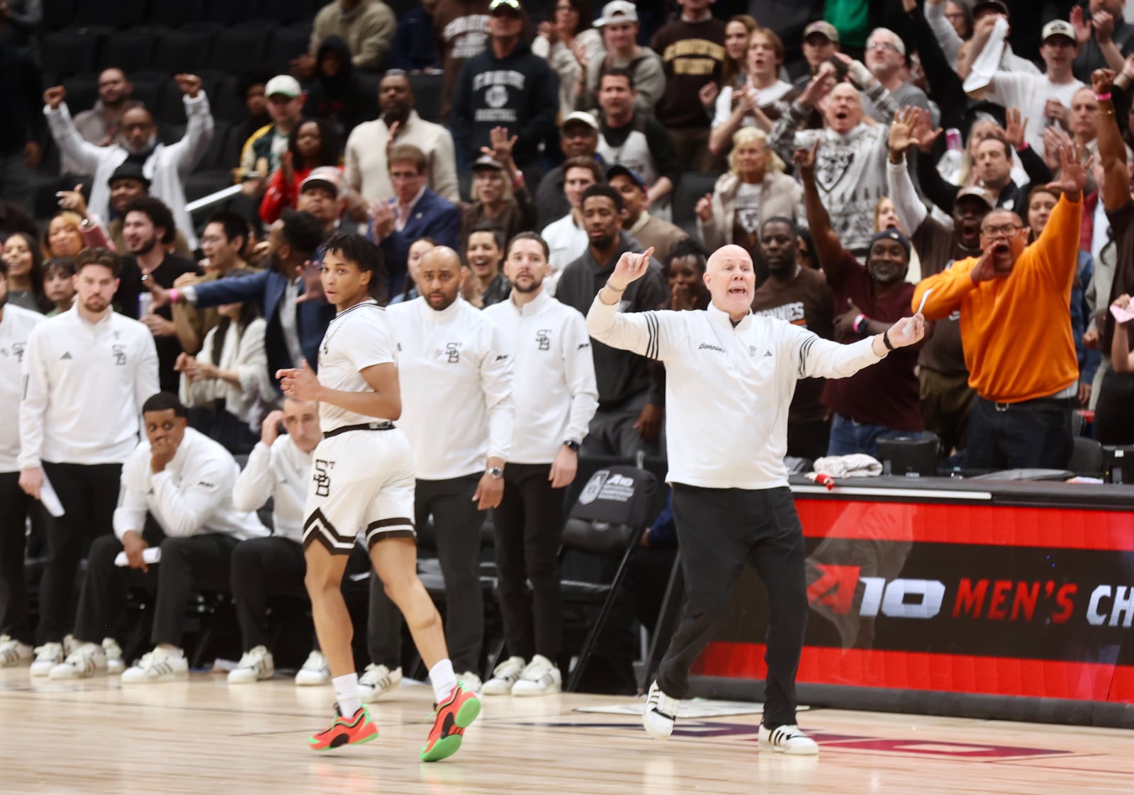 St. Bonaventure coach Mark Schmidt reacts during the final seconds of a victory against Duquesne in the second round of the Atlantic 10 Conference tournament on Thursday, March 13, 2025, at Capital One Arena in Washington, D.C. David Jablonski/Staff