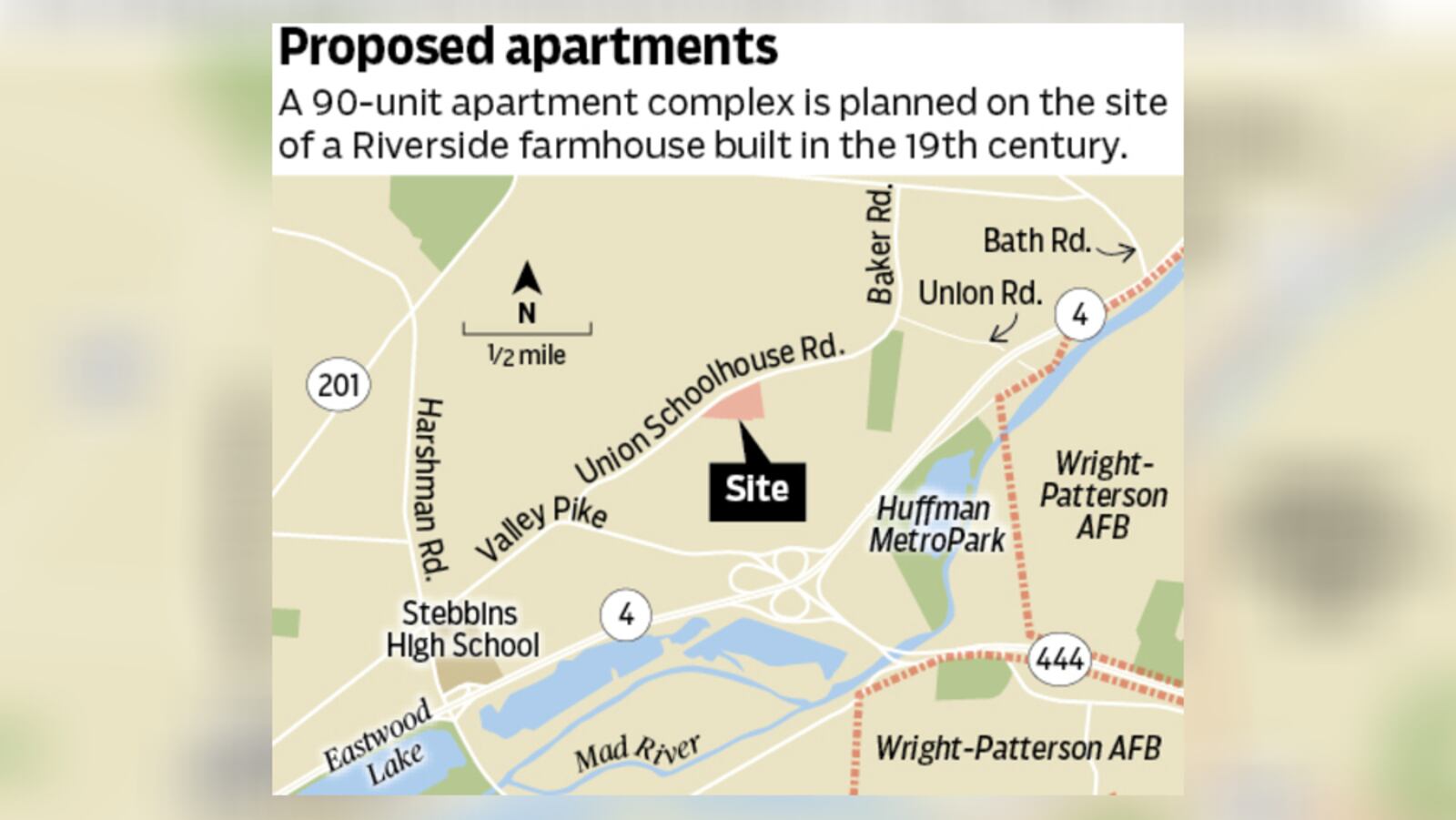 A 90-unit apartment complex is planned on about 17 acres in Riverside, where a farmhouse built in 1815 would be demolished. STAFF
