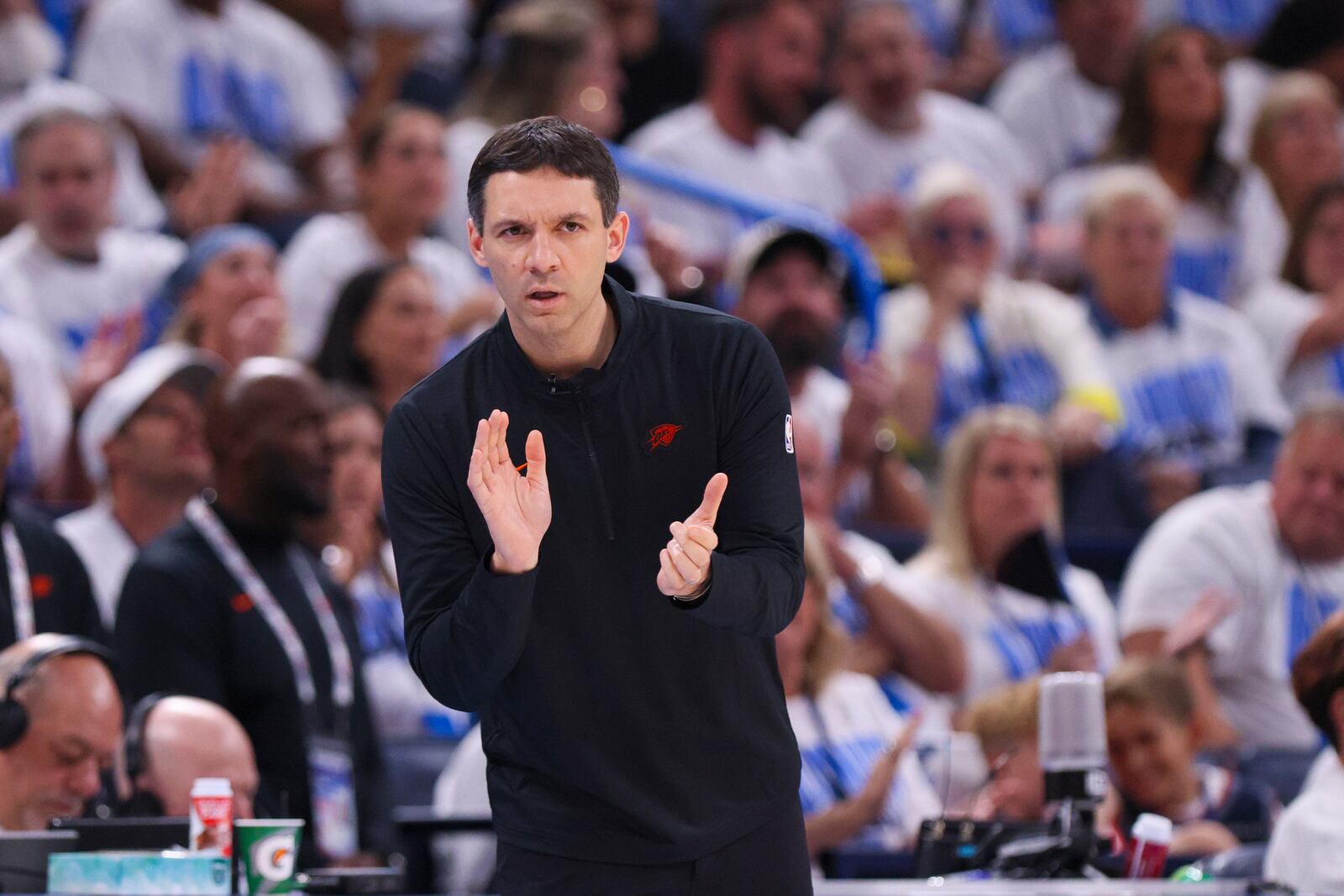 Oklahoma City Thunder head coach Mark Daigneault reacts during the second half of Game 1 of an NBA basketball Western Conference Finals playoff series against the Minnesota Timberwolves Tuesday, May 20, 2025, in Oklahoma City. (AP Photo/Nate Billings)