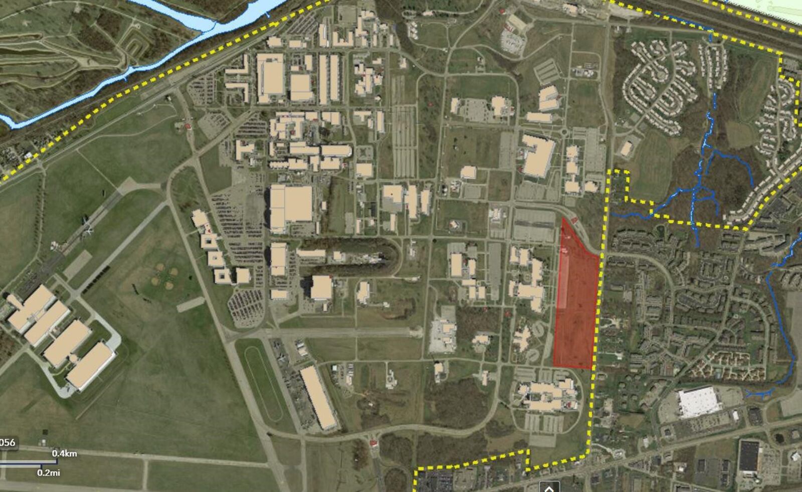 A map provided by Wright-Patterson Air Face Base showing "parcel 2" of the land to be made available as an "enhanced use lease." The Hilltop Tract parcel, shown in red, is 23.92 acres.