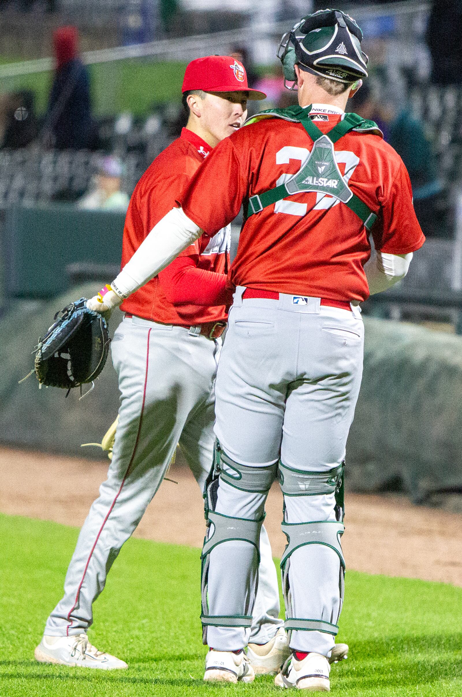 Fort Wayne reliever Nick Wissman is greeted by catcher Brendan Durfee as he comes off the mound on Thursday night in his return to Dayton and Day Air Ballpark. Jeff Gilbert/CONTRIBUTED