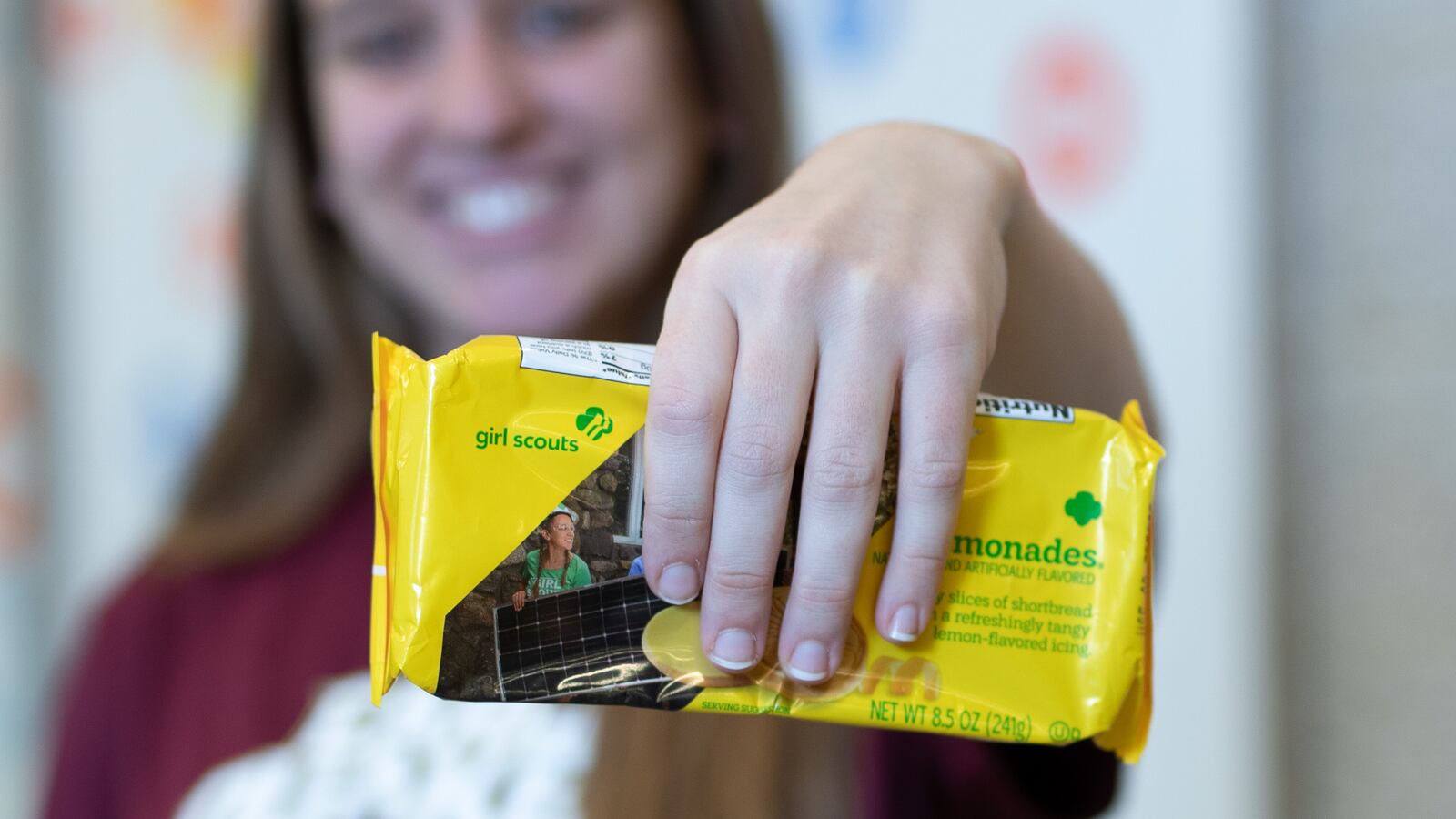 Serena Pisacano, an Earlham College sophomore, was selected to be on the cover of Girl Scouts' Lemonades and Lemon-Ups cookies. Photo courtesy Earlham College.