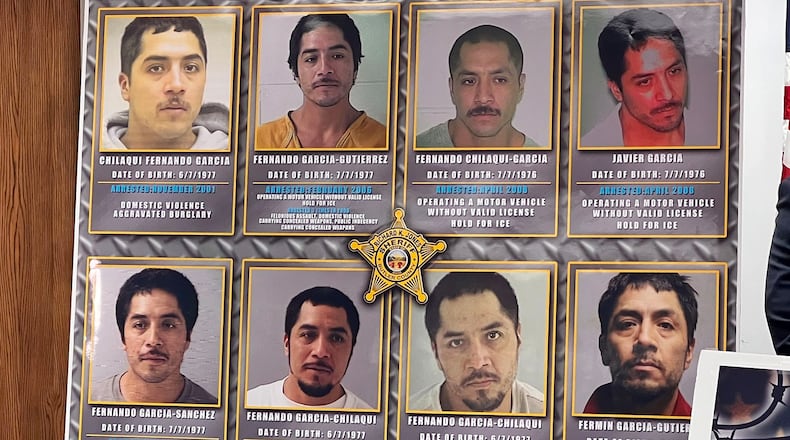 Fermin Garcia-Gutierrez, 46, now charged with aggravated murder in a Hamilton case, is shown on a poster prepared by Butler County Sheriff Richard Jones and featured at a press conference March 29, 2024. Garcia-Gutierrez has been arrested several times, deported and arrested again, Jones said. NICK GRAHAM/STAFF