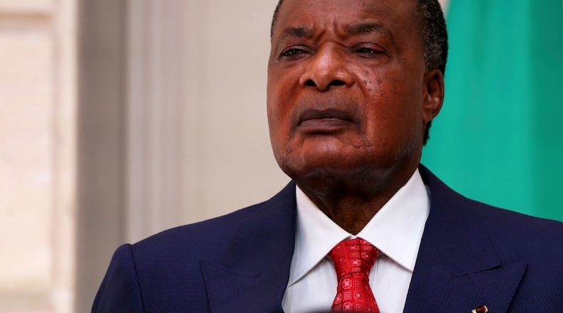 FILE - President of Congo Denis Sassou N'Guesso looks on during a ceremony at the Elysee Palace in Paris, on May 23, 2025. Thomas Samson/ Pool Photo via AP, FILE)