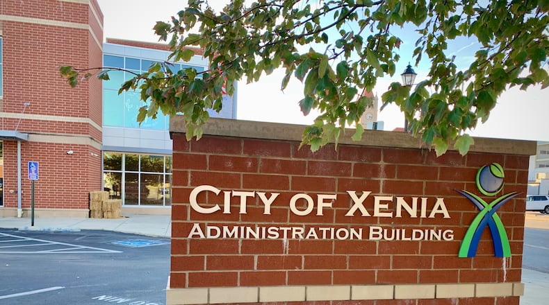 A sign outside the city of Xenia’s administration building. LONDON BISHOP/STAFF
