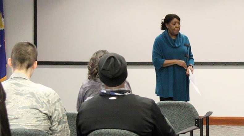Thelma Chandler, an Air Force field consultant, briefs Air Force Research Laboratory employees Jan. 30 about benefits provided by the Air Force Employee Assistance program during a briefing held at Air Force Research Laboratory’s Sensors Directorate. (Courtesy photo)