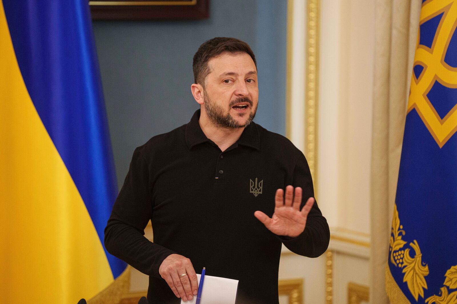 Ukrainian President Volodymyr Zelenskyy speaks during a press conference in Kyiv, Ukraine, on Tuesday, April 22, 2025. (AP Photo/Evgeniy Maloletka)