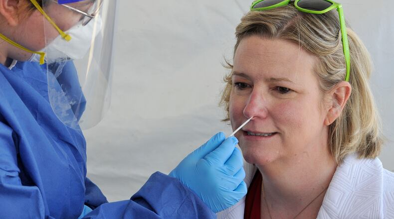 Dayton Mayor, Nan Whaley, takes advantage of the free testing for coronavirus, Thursday at the Five Rivers Health Centers pop up test site at the Samaritan Health Center. MARSHALL GORBY\STAFF
