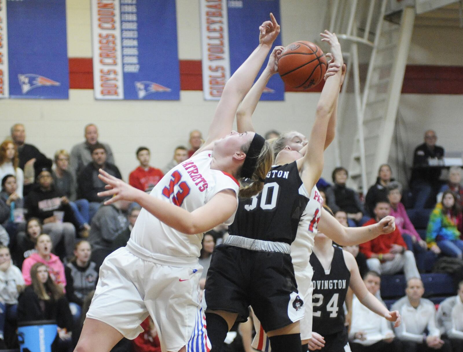 Maddie Downing of Tri-Village (left) contends with Makenzee Maschino of Covington for a rebound. Tri-Village defeated visiting Covington 44-35 in a girls high school basketball game on Thursday, Jan. 10, 2019. MARC PENDLETON / STAFF