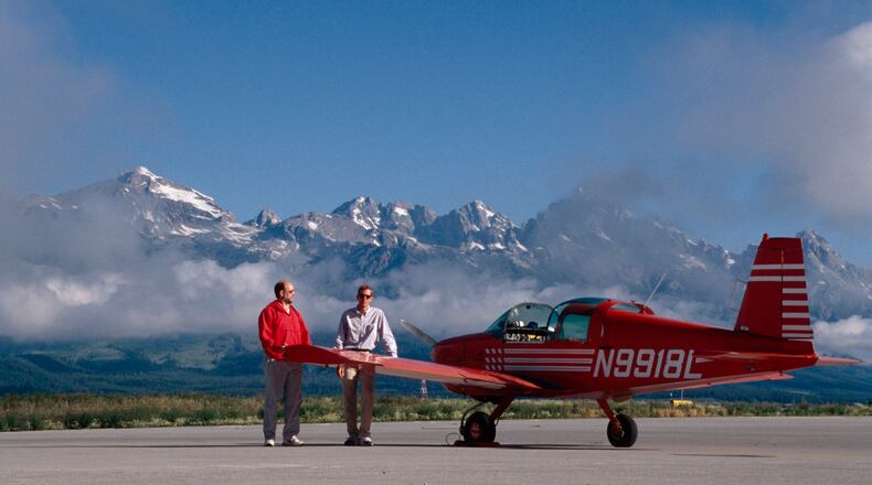 Gaffney and Greenlees with the Grumman in Jackson Hole, Wyoming.  The Grand Teton Mountains are in the background - 1997