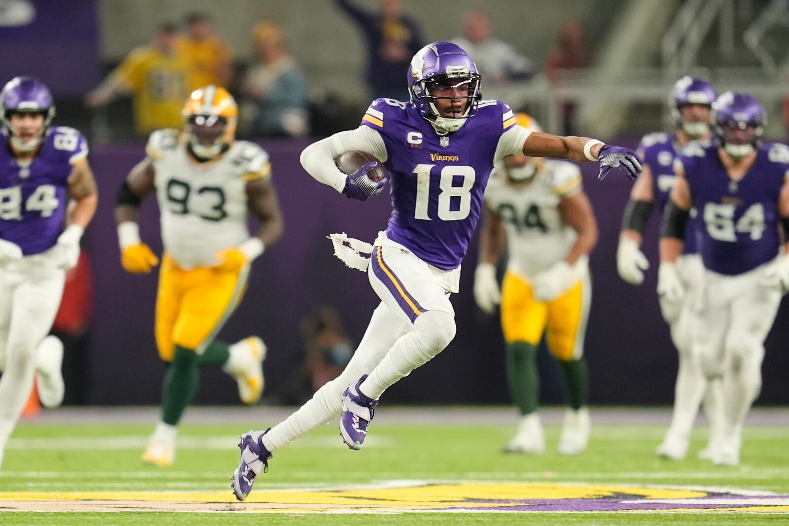 FILE - Minnesota Vikings' Justin Jefferson catches a pass for a first down during the second half of an NFL football game against the Green Bay Packers Sunday, Dec. 29, 2024, in Minneapolis. (AP Photo/Abbie Parr, File)