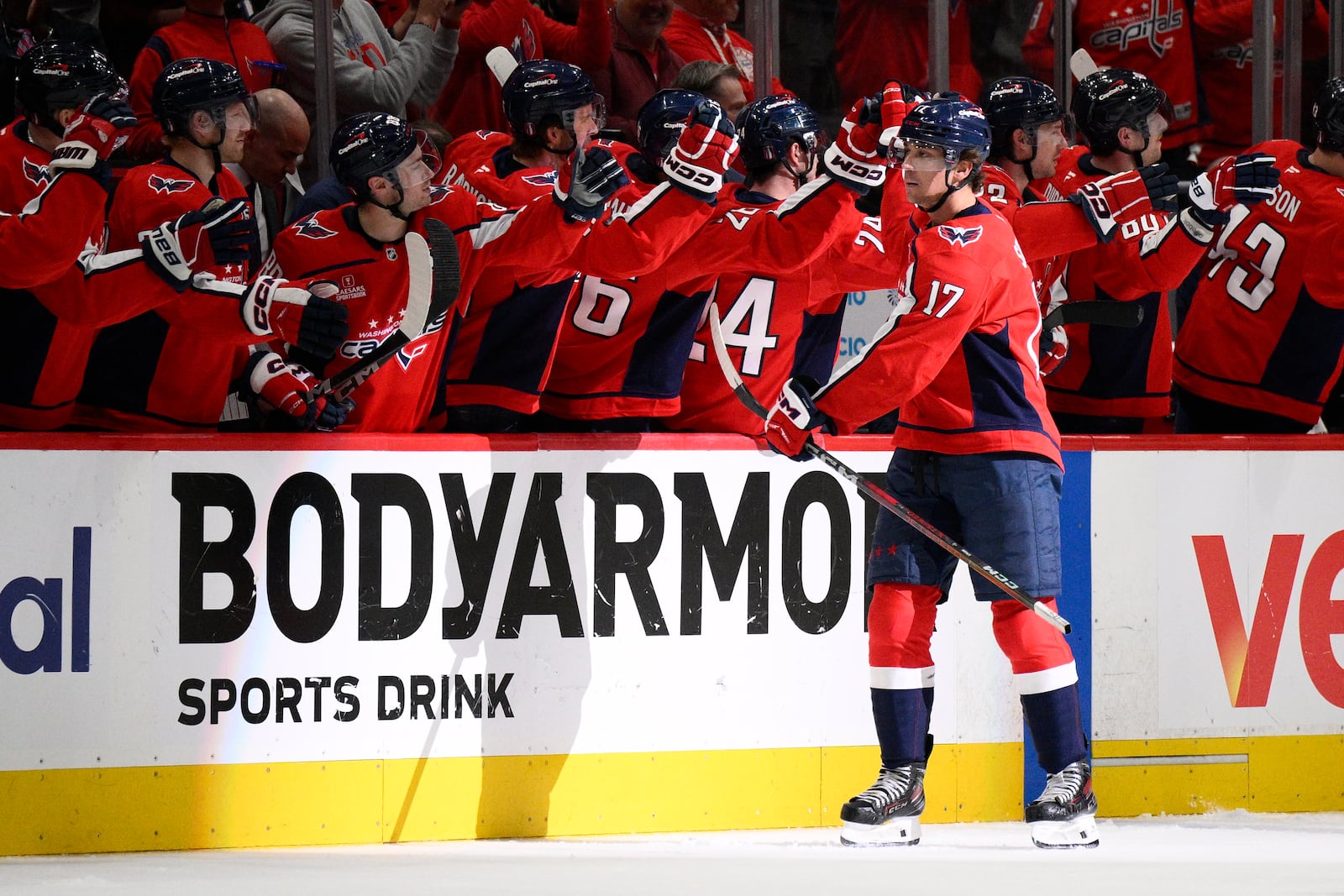 Washington Capitals center Dylan Strome (17) celebrates his goal in the second period of Game 2 of a first-round NHL hockey playoff series against the Montreal Canadiens Wednesday, April 23, 2025, in Washington. (AP Photo/Nick Wass)
