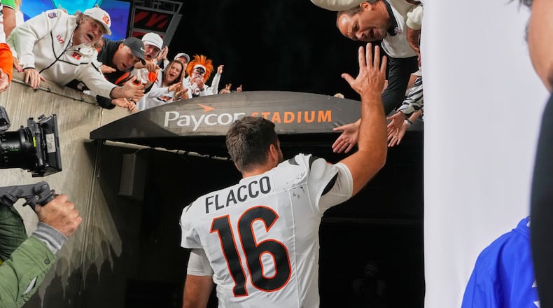 Cincinnati Bengals quarterback Joe Flacco walks off the field following an NFL football game against the Pittsburgh Steelers in Cincinnati Thursday, Oct. 16, 2025. (AP Photo/Jeff Dean)