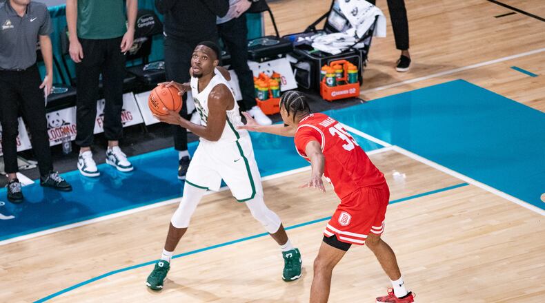 Wright State's Jack Doumbia looks to make a pass during a game vs. Bradley in the Myrtle Beach Invitational on Nov. 22, 2024. Wright State Athletics photo