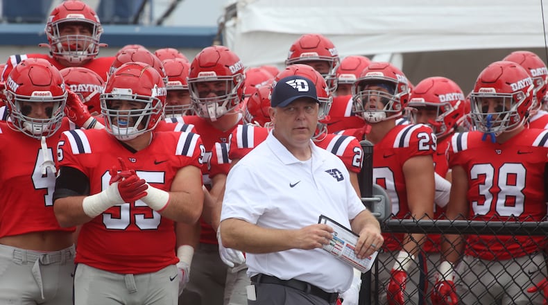 Dayton's Trevor Andrews waits to take the field before a game against St. Francis on Saturday, Aug. 31, 2024, at Welcome Stadium in Dayton. David Jablonski/Staff