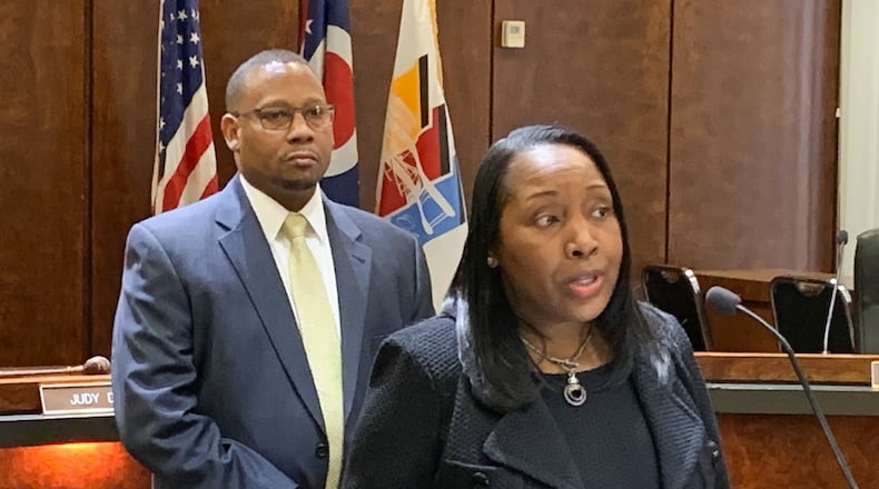 Marvene Mitchell-Cook, Montgomery County’s workforce director, said the emergency unemployment benefits are available to those struggling. Joining her at a Thursday news conference is Montgomery County Administrator Michael Colbert. CHRIS STEWART / STAFF