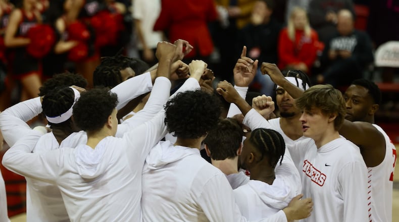 Dayton huddles before a game against UNLV on Tuesday, Nov. 15, 2022, at the Thomas & Mack Center in Las Vegas, Nev. David Jablonski/Staff