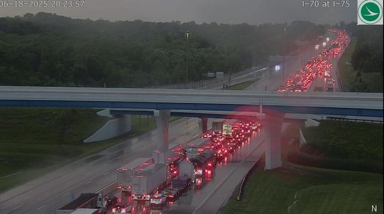 Traffic was at a standstill after downed high-voltage power lines closed Interstate 75 in Vandalia June 18, 2025. OHIO DEPARTMENT OF TRANSPORTATION