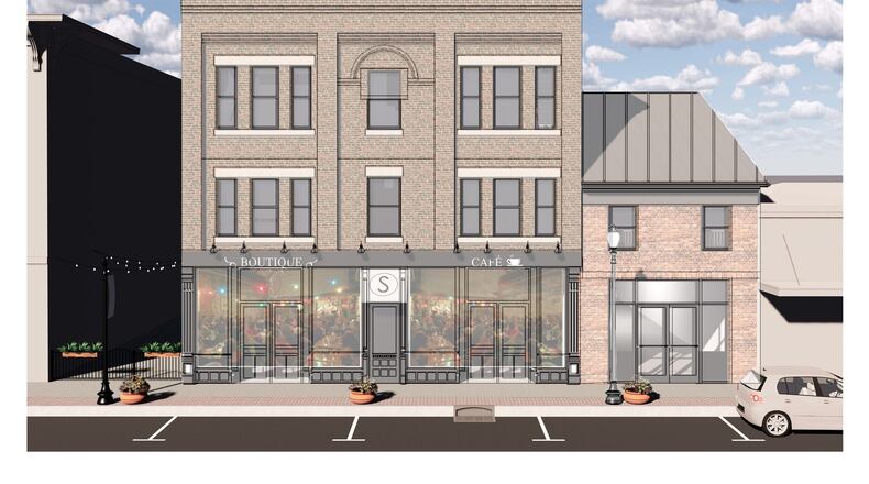 This illustration shows the concept of the front view for a redeveloped Suttman Building at 24-32 S. Main St. in downtown Miamisburg. CONTRIBUTED