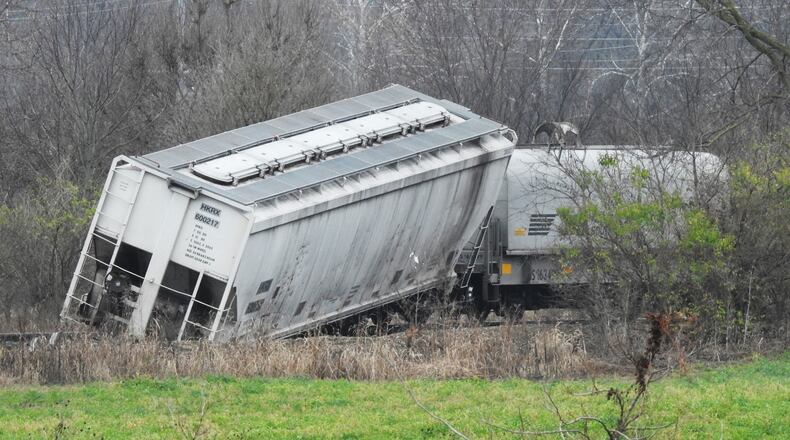 A train derailment this morning has shut down part of U.S. 127 in Wayne Twp. The incident happened about 4:15 a.m. near the intersection of Hamilton-Eaton Road (US 127) and Oxford Trenton Road. Several train cars are involved and on their side. NICK GRAHAM / STAFF