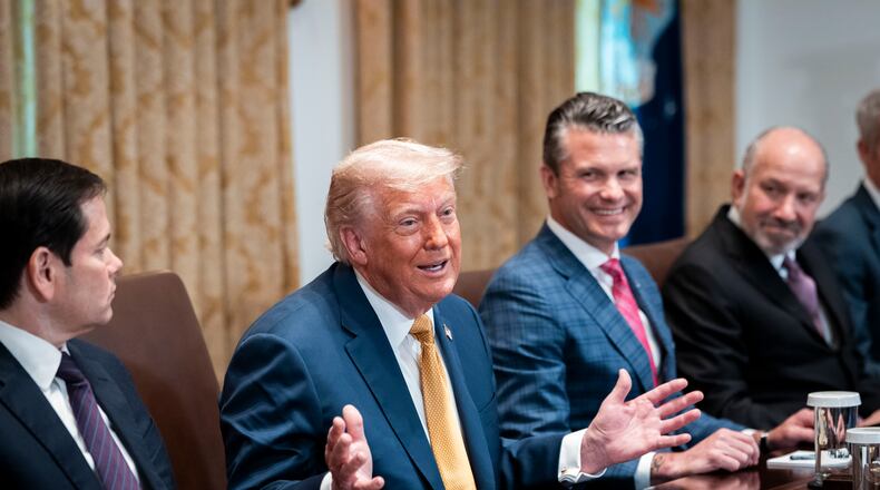 President Donald Trump speaks during a Cabinet meeting at the White House in Washington, on Tuesday, July 8, 2025. Trump said he was “very strongly” considering supporting a bipartisan Senate bill that would impose severe sanctions on countries that purchase Russian oil. (Doug Mills/The New York Times)