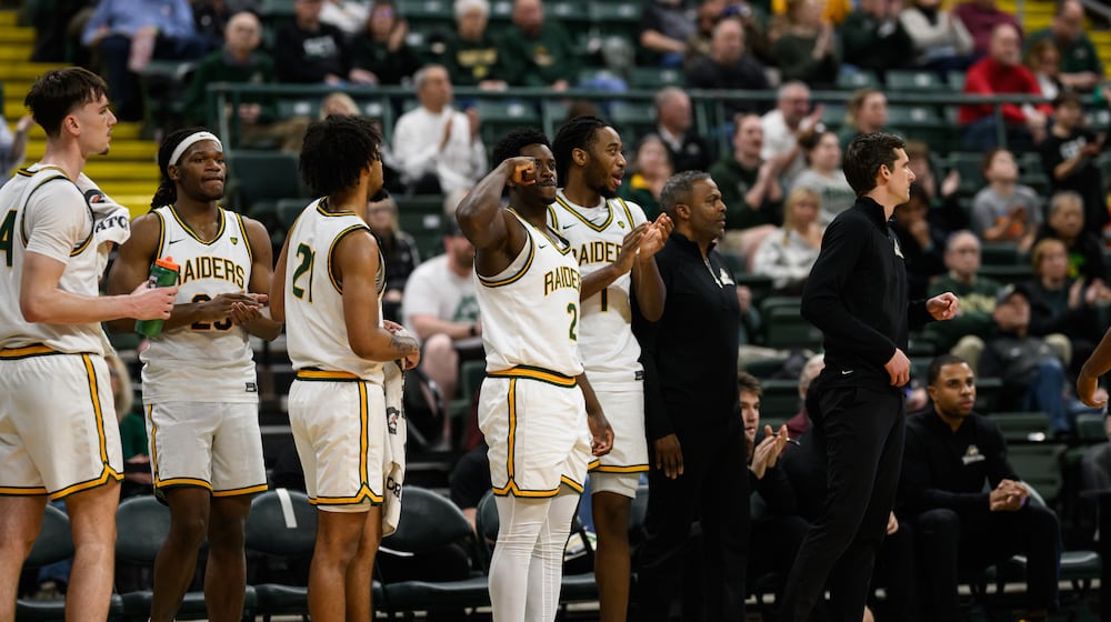 Wright State University men's basketball team celebrates during their 85-73 victory over IU Indy in a Horizon League game on Thursday, Feb. 19, 2026 at the Nutter Center. JEREMY MILLER / CONTRIBUTED PHOTO